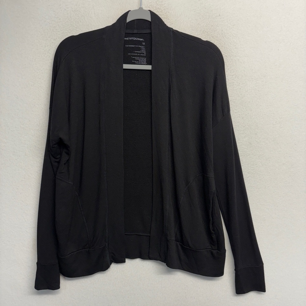 Good HYOUman "Grateful" Open Front Black Cardigan Side Pockets Oversized Slouchy